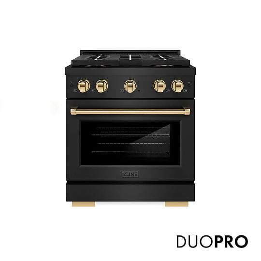 ZLINE Autograph Edition 30 in. 4.2 cu. ft. Paramount Gas Range with 4 Burner DuoPro™ Cooktop and Convection Gas Oven in Black Stainless Steel and Polished Gold Accents, Open Box-Good Condition