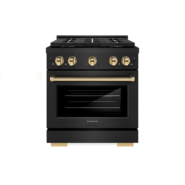 ZLINE Autograph Edition 30 in. 4.2 cu. ft. Paramount Gas Range with 4 Burner DuoPro™ Cooktop and Convection Gas Oven in Black Stainless Steel and Polished Gold Accents, Open Box-Great Condition
