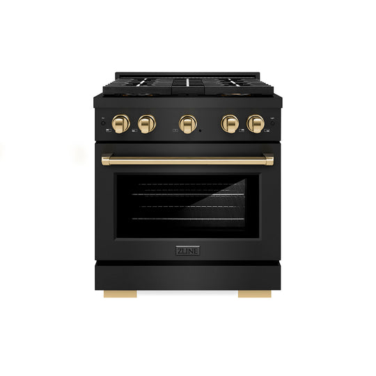 ZLINE Autograph Edition 30 in. 4.2 cu. ft. Paramount Gas Range with 4 Burner DuoPro™ Cooktop and Convection Gas Oven in Black Stainless Steel and Polished Gold Accents (PSGRBZ-30-G)