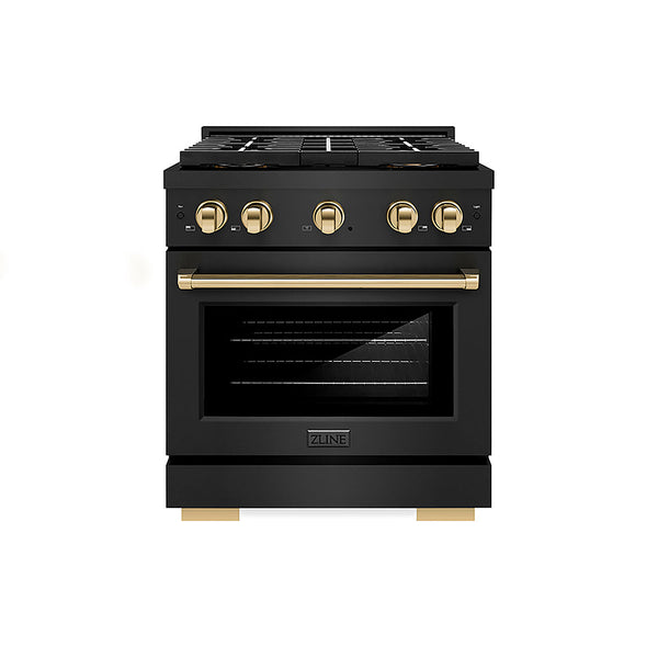 ZLINE Autograph Edition 30 in. 4.2 cu. ft. Paramount Gas Range with 4 Burner DuoPro™ Cooktop and Convection Gas Oven in Black Stainless Steel and Polished Gold Accents, Open Box-Good Condition