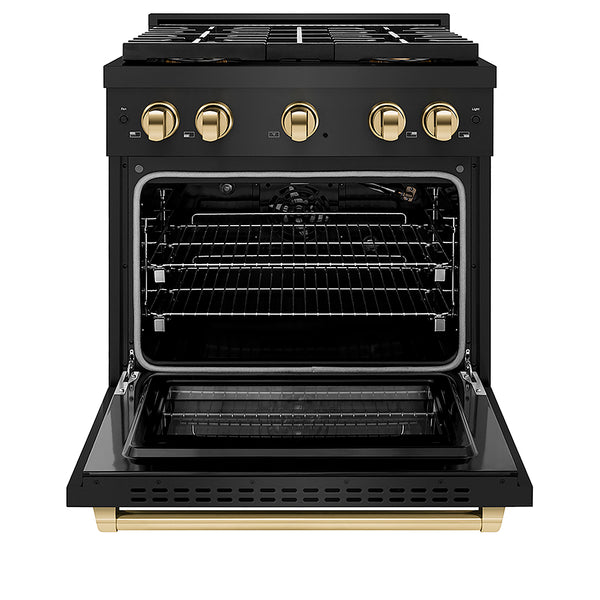 ZLINE Autograph Edition 30 in. 4.2 cu. ft. Paramount Gas Range with 4 Burner DuoPro™ Cooktop and Convection Gas Oven in Black Stainless Steel and Polished Gold Accents, Open Box-Great Condition