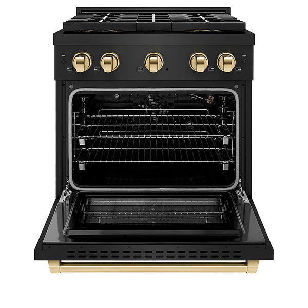 ZLINE Autograph Edition 30 in. 4.2 cu. ft. Paramount Gas Range with 4 Burner DuoPro™ Cooktop and Convection Gas Oven in Black Stainless Steel and Polished Gold Accents, Open Box-Good Condition