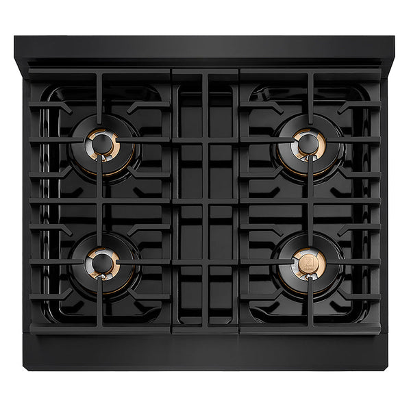 ZLINE Autograph Edition 30 in. 4.2 cu. ft. Paramount Gas Range with 4 Burner DuoPro™ Cooktop and Convection Gas Oven in Black Stainless Steel and Polished Gold Accents, Open Box-Good Condition