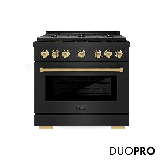 ZLINE Autograph Edition 36 in. 5.2 cu. ft. Paramount Gas Range with 6 Burner DuoPro™ Cooktop and Convection Gas Oven in Black Stainless Steel and Champagne Bronze Accents, Open Box-Great Condition