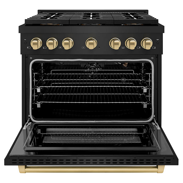 ZLINE Autograph Edition 36 in. 5.2 cu. ft. Paramount Gas Range with 6 Burner DuoPro™ Cooktop and Convection Gas Oven in Black Stainless Steel and Champagne Bronze Accents, Open Box-Great Condition