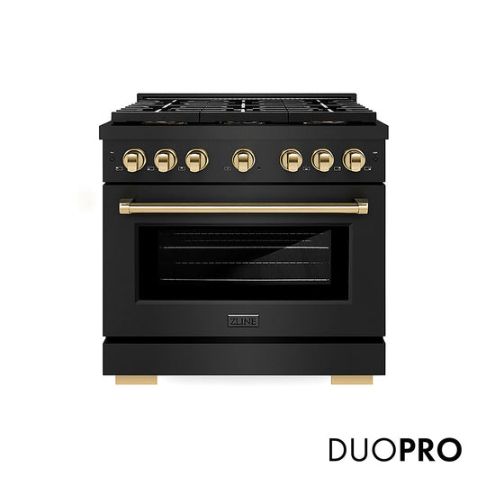 ZLINE Autograph Edition 36 in. 5.2 cu. ft. Paramount Gas Range with 6 Burner DuoPro™ Cooktop and Convection Gas Oven in Black Stainless Steel and Polished Gold Accents, Open Box-Good Condition