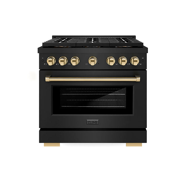 ZLINE Autograph Edition 36 in. 5.2 cu. ft. Paramount Gas Range with 6 Burner DuoPro™ Cooktop and Convection Gas Oven in Black Stainless Steel and Polished Gold Accents, Open Box-Good Condition