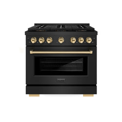 ZLINE Autograph Edition 36 in. 5.2 cu. ft. Paramount Gas Range with 6 Burner DuoPro™ Cooktop and Convection Gas Oven in Black Stainless Steel and Polished Gold Accents (PSGRBZ-36-G)
