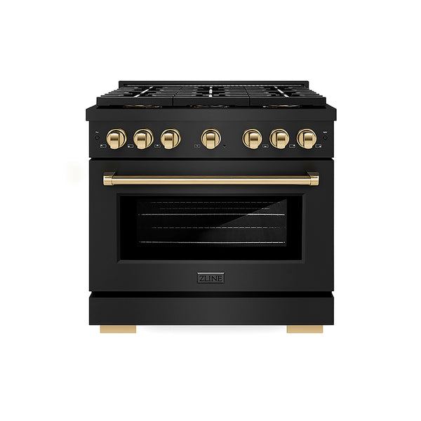ZLINE Autograph Edition 36 in. 5.2 cu. ft. Paramount Gas Range with 6 Burner DuoPro™ Cooktop and Convection Gas Oven in Black Stainless Steel and Polished Gold Accents, Open Box-Great Condition