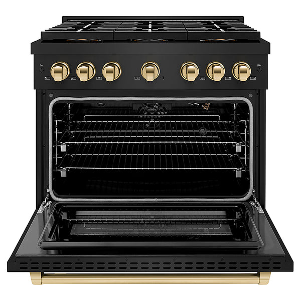 ZLINE Autograph Edition 36 in. 5.2 cu. ft. Paramount Gas Range with 6 Burner DuoPro™ Cooktop and Convection Gas Oven in Black Stainless Steel and Polished Gold Accents, Open Box-Great Condition