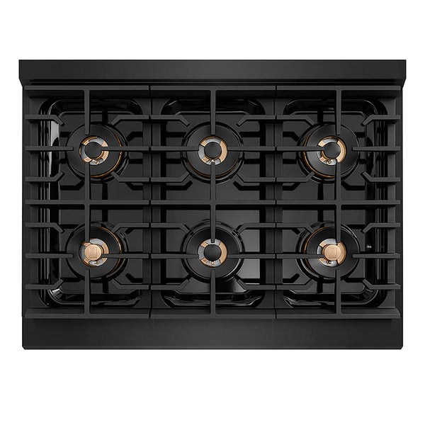 ZLINE Autograph Edition 36 in. 5.2 cu. ft. Paramount Gas Range with 6 Burner DuoPro™ Cooktop and Convection Gas Oven in Black Stainless Steel and Polished Gold Accents, Open Box-Good Condition