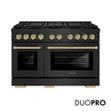 ZLINE Autograph Edition 48 in. 6.7 cu. ft. Paramount Gas Range with 8 Burner DuoPro™ Cooktop and Dual Ovens in Black Stainless Steel and Champagne Bronze Accents, Open Box-Good Condition