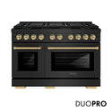 ZLINE Autograph Edition 48 in. 6.7 cu. ft. Paramount Gas Range with 8 Burner DuoPro™ Cooktop and Dual Ovens in Black Stainless Steel and Champagne Bronze Accents, Open Box-Great Condition