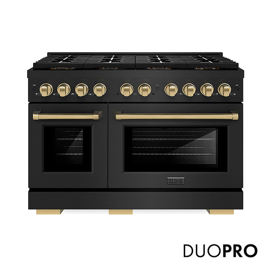 ZLINE Autograph Edition 48 in. 6.7 cu. ft. Paramount Gas Range with 8 Burner DuoPro™ Cooktop and Dual Ovens in Black Stainless Steel and Champagne Bronze Accents, Open Box-Great Condition