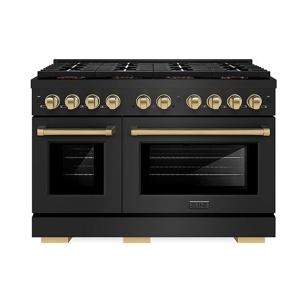 ZLINE Autograph Edition 48 in. 6.7 cu. ft. Paramount Gas Range with 8 Burner DuoPro™ Cooktop and Dual Ovens in Black Stainless Steel and Champagne Bronze Accents, Open Box-Good Condition