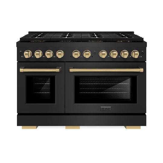 ZLINE Autograph Edition 48 in. 6.7 cu. ft. Paramount Gas Range with 8 Burner DuoPro™ Cooktop and Dual Ovens in Black Stainless Steel and Champagne Bronze Accents (PSGRBZ-48-CB)