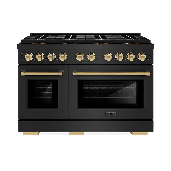 ZLINE Autograph Edition 48 in. 6.7 cu. ft. Paramount Gas Range with 8 Burner DuoPro™ Cooktop and Dual Ovens in Black Stainless Steel and Champagne Bronze Accents, Open Box-Great Condition
