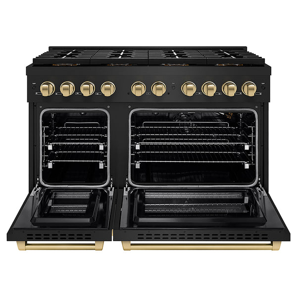 ZLINE Autograph Edition 48 in. 6.7 cu. ft. Paramount Gas Range with 8 Burner DuoPro™ Cooktop and Dual Ovens in Black Stainless Steel and Champagne Bronze Accents, Open Box-Great Condition