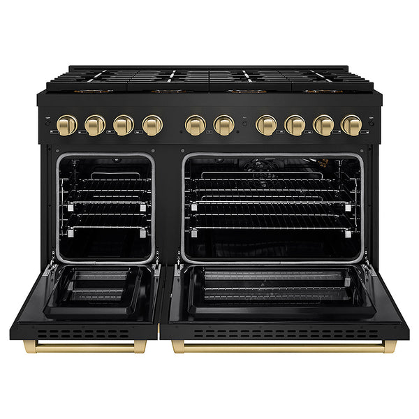 ZLINE Autograph Edition 48 in. 6.7 cu. ft. Paramount Gas Range with 8 Burner DuoPro™ Cooktop and Dual Ovens in Black Stainless Steel and Champagne Bronze Accents, Open Box-Good Condition