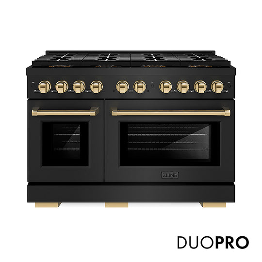 ZLINE Autograph Edition 48 in. 6.7 cu. ft. Paramount Gas Range with 8 Burner DuoPro™ Cooktop and Dual Ovens in Black Stainless Steel and Polished Gold Accents, Open Box-Great Condition