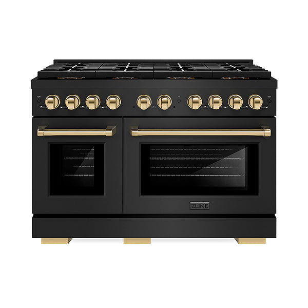 ZLINE Autograph Edition 48 in. 6.7 cu. ft. Paramount Gas Range with 8 Burner DuoPro™ Cooktop and Dual Ovens in Black Stainless Steel and Polished Gold Accents, Open Box-Great Condition
