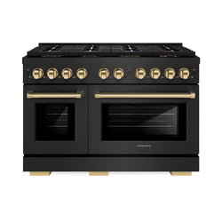 ZLINE Autograph Edition 48 in. 6.7 cu. ft. Paramount Gas Range with 8 Burner DuoPro™ Cooktop and Dual Ovens in Black Stainless Steel and Polished Gold Accents (PSGRBZ-48-G)