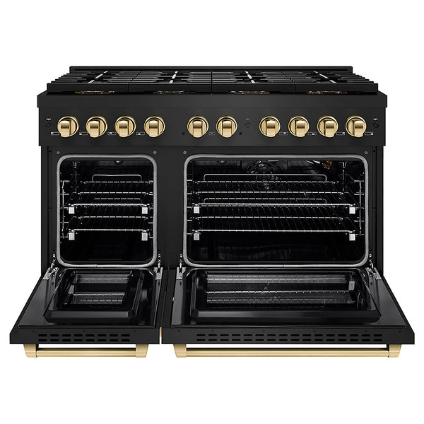 ZLINE Autograph Edition 48 in. 6.7 cu. ft. Paramount Gas Range with 8 Burner DuoPro™ Cooktop and Dual Ovens in Black Stainless Steel and Polished Gold Accents, Open Box-Good Condition
