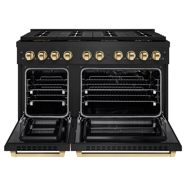 ZLINE Autograph Edition 48 in. 6.7 cu. ft. Paramount Gas Range with 8 Burner DuoPro™ Cooktop and Dual Ovens in Black Stainless Steel and Polished Gold Accents, Open Box-Great Condition