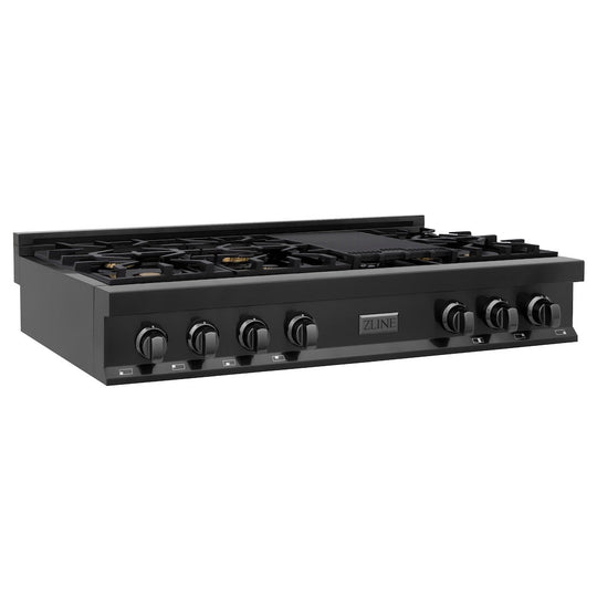 ZLINE 48 in. Legacy Gas Rangetop with 6 Brass Burners and Porcelain Cooktop in Black Stainless Steel, Open Box-Good Condition