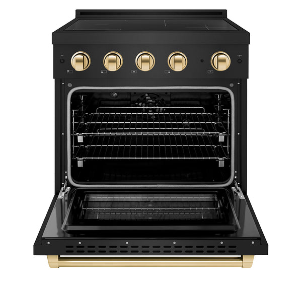 ZLINE Autograph Edition 30 in. 4.2 cu. ft. Paramount Induction Range with 4 Element Cooktop and Electric Convection Oven in Black Stainless Steel with Polished Gold Accents, Open Box-Great Condition