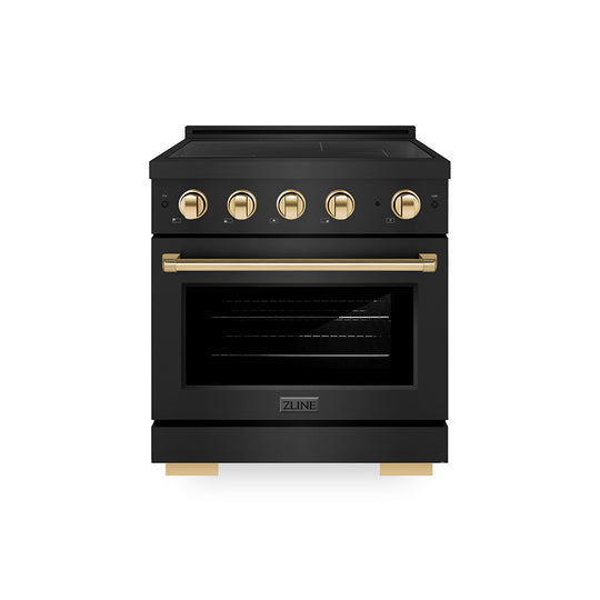 ZLINE Autograph Edition 30 in. 4.2 cu. ft. Paramount Induction Range with 4 Element Cooktop and Electric Convection Oven in Black Stainless Steel with Polished Gold Accents, Open Box-Great Condition