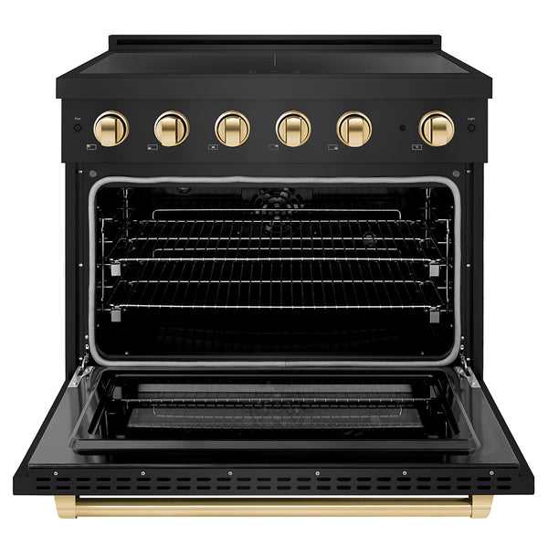 ZLINE Autograph Edition 36 in. 5.2 cu. ft. Paramount Induction Range with 5 Element Cooktop and Electric Convection Oven in Black Stainless Steel with Polished Gold Accents, Open Box-Great Condition