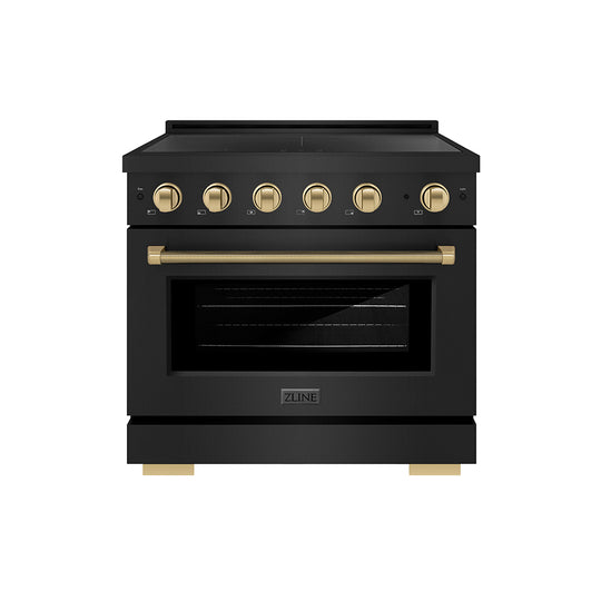 ZLINE Autograph Edition 36 in. 5.2 cu. ft. Paramount Induction Range with 5 Element Cooktop and Electric Convection Oven in Black Stainless Steel with Champagne Bronze Helix Handle and Knob Accents (SINRBZ-36-KCB)