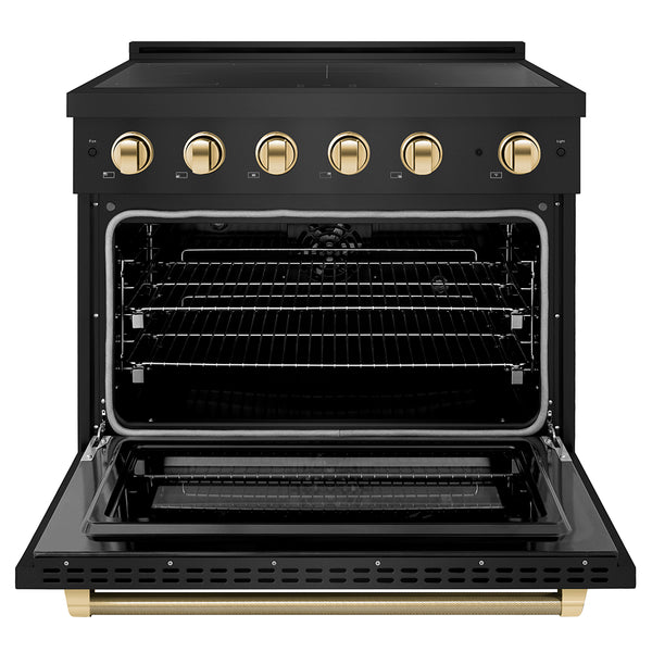 ZLINE Autograph Edition 36 in. 5.2 cu. ft. Paramount Induction Range with 5 Element Cooktop and Electric Convection Oven in Black Stainless Steel with Polished Gold Helix Handle and Knob Accents (SINRBZ-36-KG)
