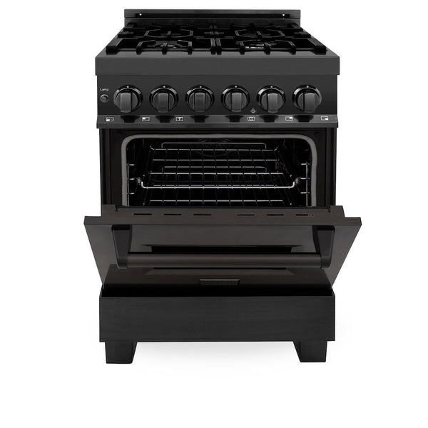 ZLINE 24 in. 2.8 cu. ft. Legacy Dual Fuel Range with 4 Burner Gas Cooktop and Electric Convection Oven in Black Stainless Steel, Open Box-Good Condition
