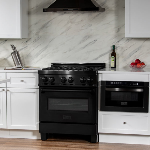 ZLINE 30 in. 4.0 cu. ft. Legacy Dual Fuel Range with 4 Burner Gas Cooktop and Electric Convection Oven in Black Stainless Steel, Open Box-Great Condition
