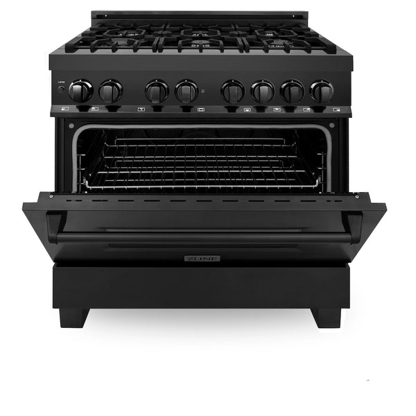 ZLINE 36 in. 4.6 cu. ft. Legacy Dual Fuel Range with 6 Burner Gas Cooktop and Electric Convection Oven in Black Stainless Steel, Open Box-Great Condition