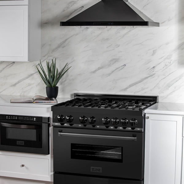 ZLINE 36 in. 4.6 cu. ft. Legacy Dual Fuel Range with 6 Burner Gas Cooktop and Electric Convection Oven in Black Stainless Steel, Open Box-Great Condition