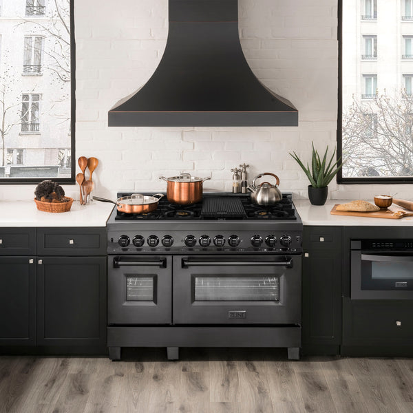 ZLINE 48 in. 6.0 cu. ft. Legacy Dual Fuel Range with 7 Burner Gas Cooktop and 2 Electric Ovens in Black Stainless Steel (RAB-48)