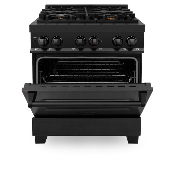 ZLINE 30 in. 4.0 cu. ft. Legacy Dual Fuel Range with Gas Cooktop and Electric Convection Oven in Black Stainless Steel with 4 Brass Burners, Open Box-Great Condition