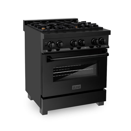 ZLINE 30 in. 4.0 cu. ft. Legacy Dual Fuel Range with Gas Cooktop and Electric Convection Oven in Black Stainless Steel with 4 Brass Burners, Open Box-Great Condition
