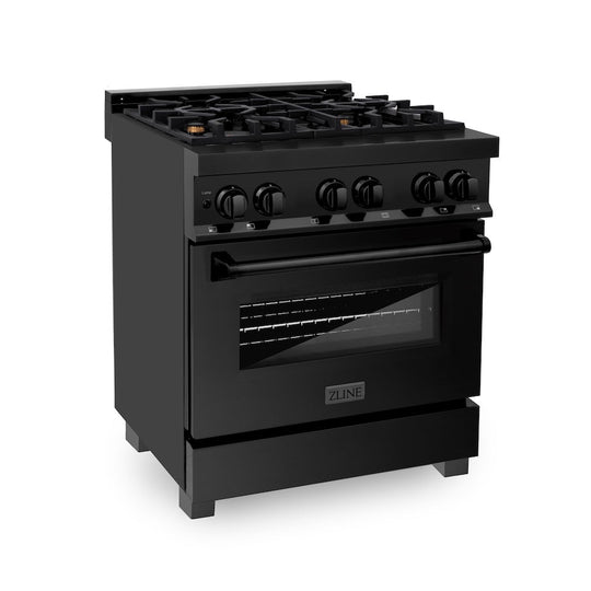 ZLINE 30 in. 4.0 cu. ft. Legacy Dual Fuel Range with Gas Cooktop and Electric Convection Oven in Black Stainless Steel with 4 Brass Burners, Open Box-Good Condition