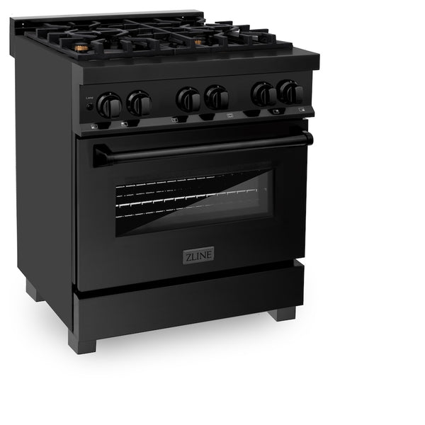 ZLINE 30 in. 4.0 cu. ft. Legacy Dual Fuel Range with Gas Cooktop and Electric Convection Oven in Black Stainless Steel with 4 Brass Burners, Open Box-Great Condition