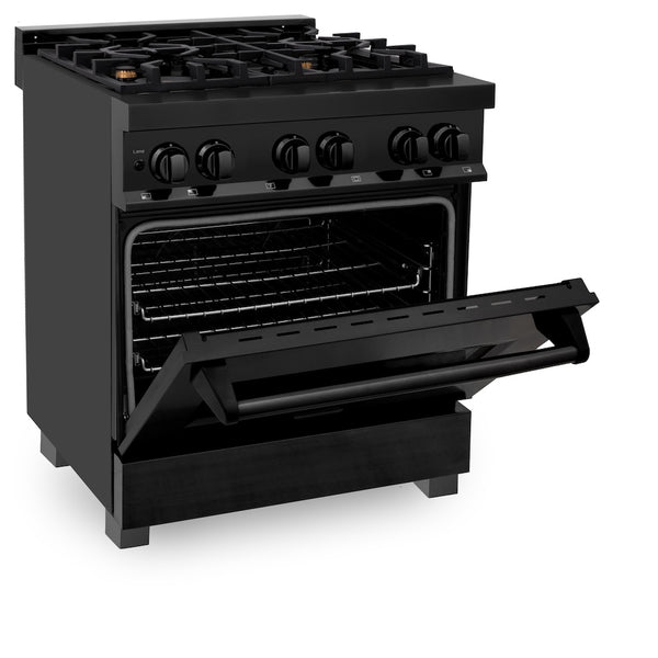 ZLINE 30 in. 4.0 cu. ft. Legacy Dual Fuel Range with Gas Cooktop and Electric Convection Oven in Black Stainless Steel with 4 Brass Burners, Open Box-Great Condition