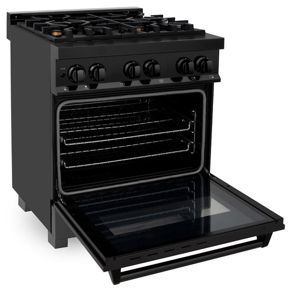 ZLINE 30 in. 4.0 cu. ft. Legacy Dual Fuel Range with Gas Cooktop and Electric Convection Oven in Black Stainless Steel with 4 Brass Burners, Open Box-Great Condition