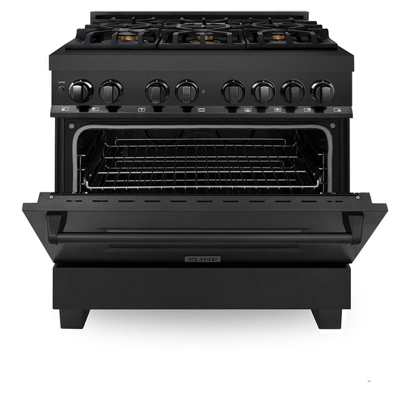 ZLINE 36 in. 4.6 cu. ft. Legacy Dual Fuel Range with Gas Cooktop and Electric Convection Oven in Black Stainless Steel with 6 Brass Burners, Open Box-Great Condition
