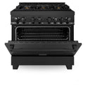 ZLINE 36 in. 4.6 cu. ft. Legacy Dual Fuel Range with Gas Cooktop and Electric Convection Oven in Black Stainless Steel with 6 Brass Burners (RAB-BR-36) front, oven half open.