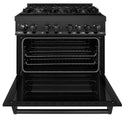 ZLINE 36 in. 4.6 cu. ft. Legacy Dual Fuel Range with Gas Cooktop and Electric Convection Oven in Black Stainless Steel with 6 Brass Burners (RAB-BR-36) front, open.