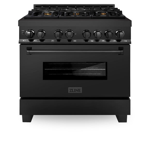 ZLINE 36 in. 4.6 cu. ft. Legacy Dual Fuel Range with Gas Cooktop and Electric Convection Oven in Black Stainless Steel with 6 Brass Burners, Open Box-Great Condition