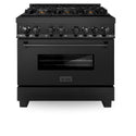 ZLINE 36 in. 4.6 cu. ft. Legacy Dual Fuel Range with Gas Cooktop and Electric Convection Oven in Black Stainless Steel with 6 Brass Burners (RAB-BR-36) front, oven closed.